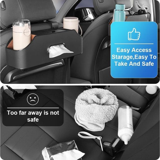 Auto achterbank-organizer voor de autohoofdsteunen, opbergdoos voor autostoelen met 2 bekerhouders, zakdoekbox, 2 brillenhouders voor auto, multifunctionele auto-organizer