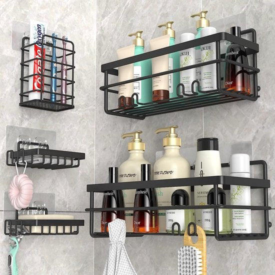 Doucheplank zonder boringen, 5 stuks zelfklevende doucheplanken, Zwarte badkamerorganizer, roestvrij staal, wandmontage, grote capaciteit, doucheplank voor de binnendouche