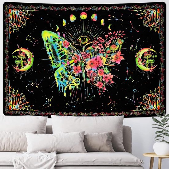 Blacklight Vlinder Wandtapijt, UV-reactieve bloemen, wanddoek, maanfasen, mot, wandtapijt, hippie, esthetisch, voor slaapkamer en woonkamer, 210 x 150 cm