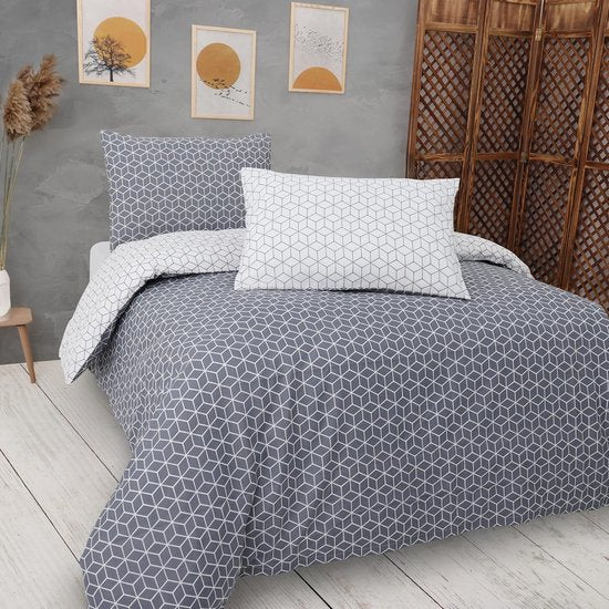 beddengoed 240x220 3-delig grijs - Oeko-TEX 80% katoen & 20% polyester, 1x dekbedovertrek met rits + 2x kussensloop 50x80 met envelopsluiting, puzzelmodel