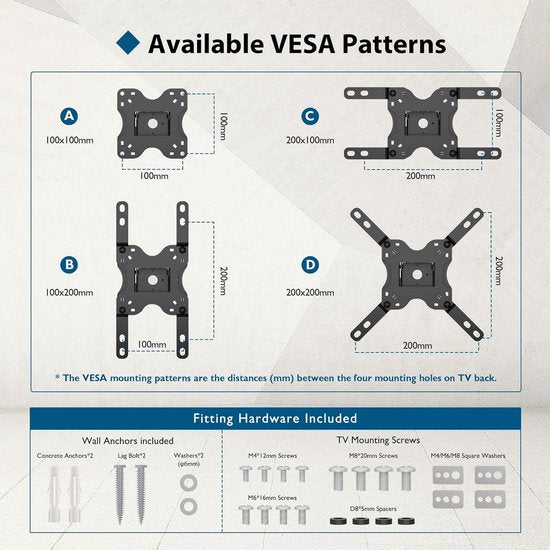 TV muurbeugel voor 13-42 inch LED LCD OLED televisies, kantelbaar, draaibaar en 360° draaibaar, muurbeugel TV tot 20 kg, met veiligheidsschroeven, max. VESA 200 x 200 mm