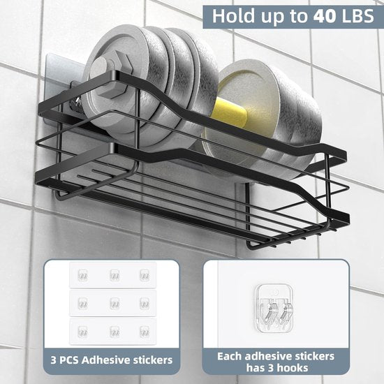 Shower Shelf, No Drilling, Pack of 2 Shower Shelves, Black, Stainless Steel Shower Basket with 8 Accessories, Rustproof Bathroom Shelf, Self-Adhesive Shampoo Holder