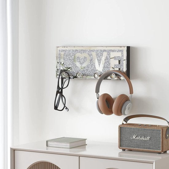 Home Sleutelhouder Zilver met 4 Kristallen Haken, Gespiegelde Sleutelopslag, Sleutelhaak Modern, Sleutelhouder Muur, Wanddecoratie, Hal