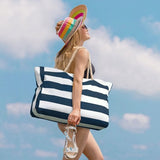 Strandtas, strepen, tote bag, badtas, waterdicht, strandtas, groot, met ritssluiting, shoppertas, strandtas, XXL, familie, boodschappentas, schoudertas, effen tas, reistas, donkerblauw,