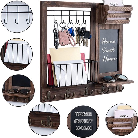 Sleutelrek met plank, wandplank voor sleutelplank, brievenbak, krantenrek, sleutelopberger met schoolbord, brievenhouder, sleutelhouder, wandkapstok, 47 x 42 x 9 cm