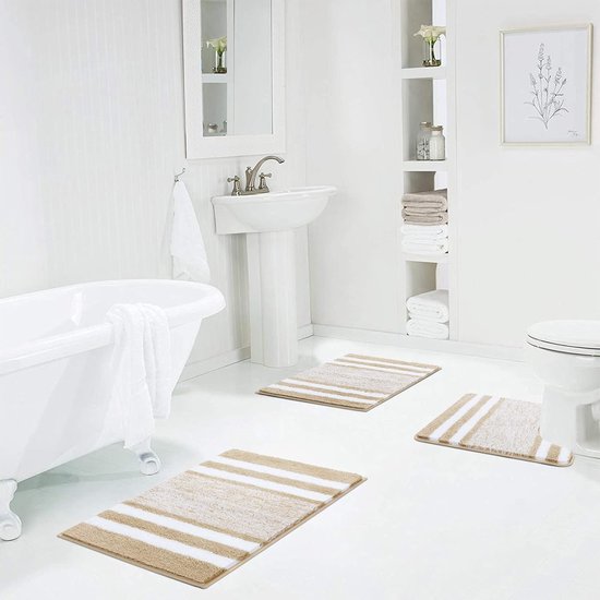 Badmat set van 3 ultra dik badtapijt met antislip bodem absorberende badkamermatten en voetstukmatset, gemakkelijk schoon te maken machinewasbaar toilettapijt (beige)