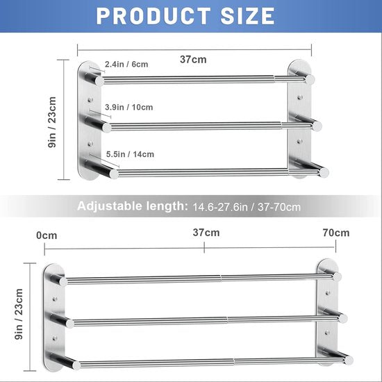 Towel Rail No Drilling - Towel Rail Bathroom Extendable 37-70 cm - Stainless Steel Towel Rail Wall Shelf for Bathroom Kitchen - 2 Installation Methods, Silver