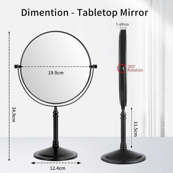 Cosmetic Mirror Black Standing Makeup Mirror with Magnification 5x/1x Table Mirror Brass 360° Swivelling Double-Sided Mirror Shaving Mirror Standing, Diameter 20 cm