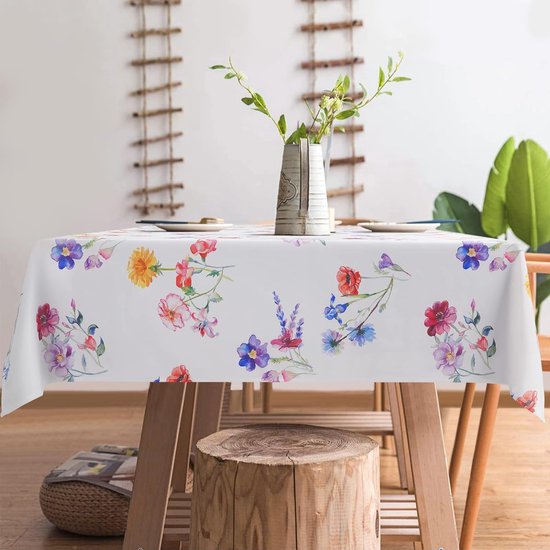 Watercolour Flowers Tablecloth Spring Summer Garden Tablecloth Outdoor Washable Machine Washable Tablecloth for Garden, Picnic, Party, Garden, Living Room, Home Textiles 130 x 220 cm