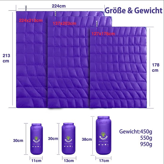 donsdeken, ultralicht voor camping, compacte reisdeken, dekbed, warm zacht, Golfpaars