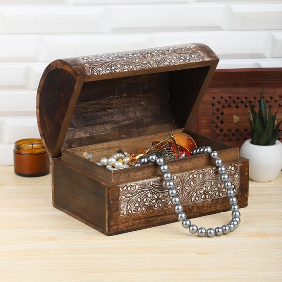 Indiaas mangohout sieraden-opbergdozen, organizer, handgesneden, met bloemenmotieven