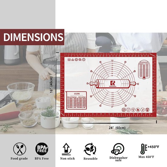 Siliconen bakmat, extra groot, 60 x 40 cm, anti-aanbakmat met meting, deegmat, bakonderlegger voor oven, uitrolmat voor deeg, fondant, gebak (rood)