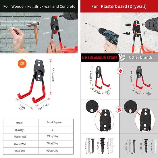 Wandhaken, garage, wandhaken, zware belasting, haken, 8 stuks, gereedschapshaken garage, opslag, dubbele haken voor het organiseren van elektrisch gereedschap, ladders, fietsen, skateboard, rood