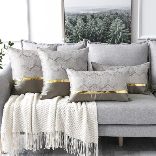 Set van 2 kussenslopen voor bank/auto/slaapkamer luxe moderne minimalistische gouden lederen stiksels, golvende streep decoratieve kussensloop 45 x 45 cm (zilver)