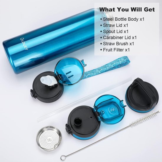 Roestvrijstalen waterfles met drinktuit, 1 l, vaccum geïsoleerde grote drinkfles, metaal, 1 liter, lekvrij, houdt warm en koud, voor fiets, camping, sport, met verschillende deksels