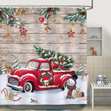 Shower Curtain Christmas Red Truck Christmas Tree Snowman Shower Curtains 180 x 180 cm Anti-Mould Waterproof Polyester Fabric Washable Bathroom Curtain for Bathroom with 12 Hooks