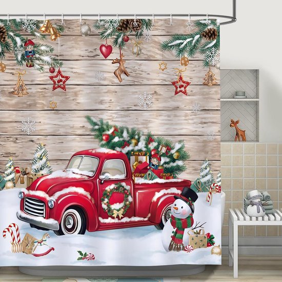 Shower Curtain Christmas Red Truck Christmas Tree Snowman Shower Curtains 180 x 180 cm Anti-Mould Waterproof Polyester Fabric Washable Bathroom Curtain for Bathroom with 12 Hooks