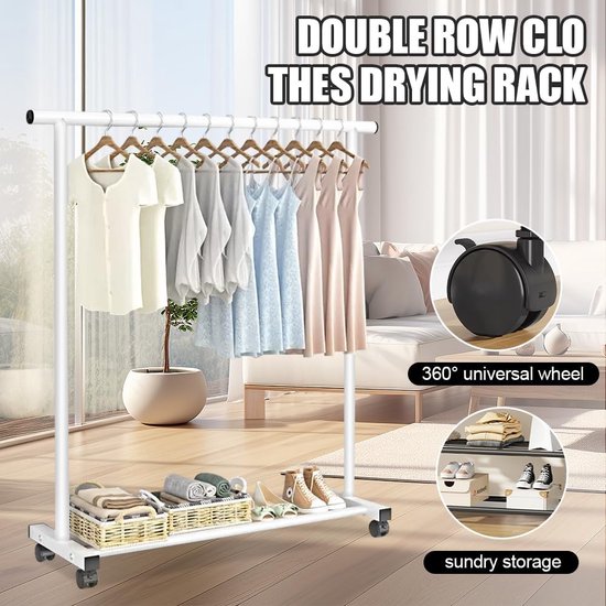 Kledingstang, kledingrek op wieltjes, stabiel kledingrek, de eenpolige 1,2 meter lange kleerhanger (wit)