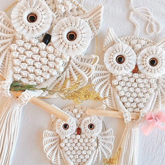 2 x Uil Macrame Muuropknoping Wanddecoratie Handgemaakt Boho Ornament Muurkunsthanger Woondecoratie Kantoor Woonkamer Slaapkamer Kinderkamer Ambachtelijke Decoraties