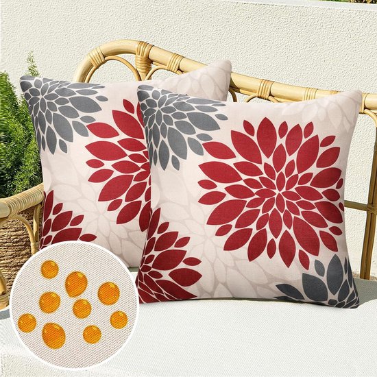 Set van 2 outdoor kussenslopen, rood en grijs, 40 x 40 cm, linnen, waterdichte kussenhoezen, Dahlia boho, sierkussen, bankkussen, decoratief boho, Azteken, bankkussen, overtrek voor bank, bed, terras
