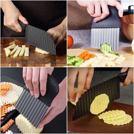 2 stuks gekleurd mes voor gekarteld snijden van roestvrij staal, golvend aardappelmes, golfmes, golfsnijmes voor groenten, fruit, fruit, aardappel, zwart