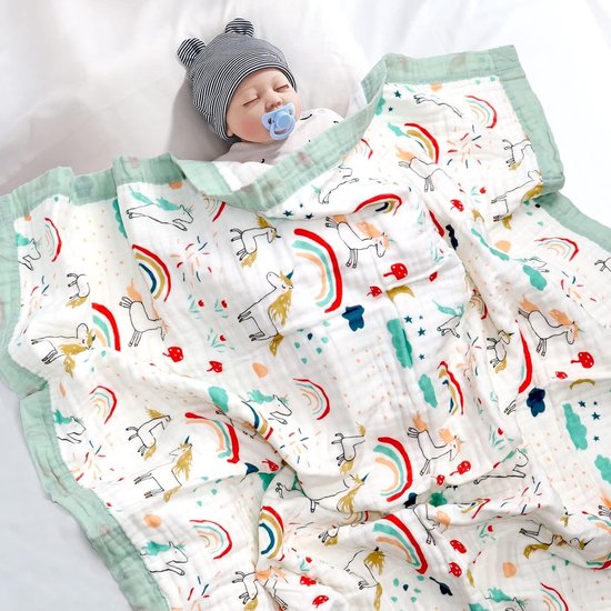 deken, 6-laags knuffeldeken, babykatoen, 110 x 110 cm, babydeken, luierdeken, zachte deken voor badhanddoek, kinderdeken voor pasgeborenen, uniseks (regenboog)