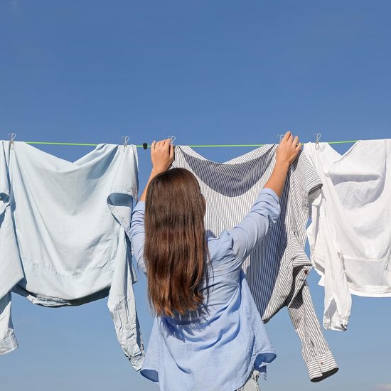 Retractable Washing Line, 10 m Portable Anti-Winding Travel Clothesline, Adjustable Camping Washing Line with 10 Fixed Buckles and 20 Clothespins for Camping Outdoor Indoor