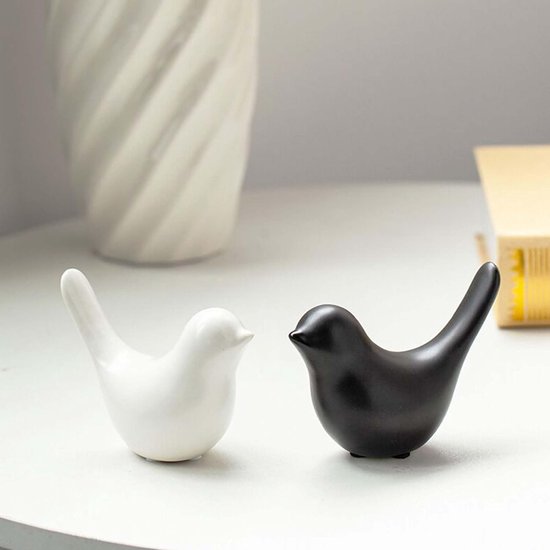 Set van 2 vogelstandbeelden, moderne dierensculpturen, keramieken huissculpturen, decoratie voor ornamenten in de woonkamer, slaapkamer, kantoor, bureau en kasten (vrouwelijk)