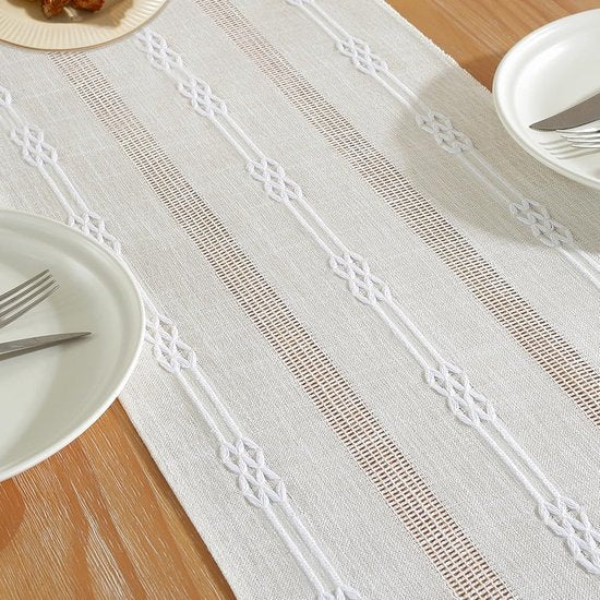 Tafelloper Boho, macramé tafelloper landhuisstijl table runner met kwastjes, tafelloper voor decoratie boho, bruiloft, bruidsdouche, eettafel decor, feesten, dessert tafeldecoratie (beige