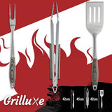 Premium grillbestekset, 3-delig, Deluxe BBQ Tool Set, pakkahout + roestvrij staal, extra lang, grilltang + grillspatel + vleesvork, grills en oven, geïntegreerde flesopener