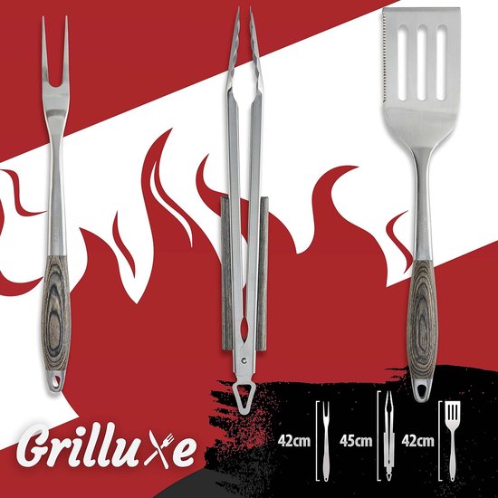 Premium grillbestekset, 3-delig, Deluxe BBQ Tool Set, pakkahout + roestvrij staal, extra lang, grilltang + grillspatel + vleesvork, grills en oven, geïntegreerde flesopener
