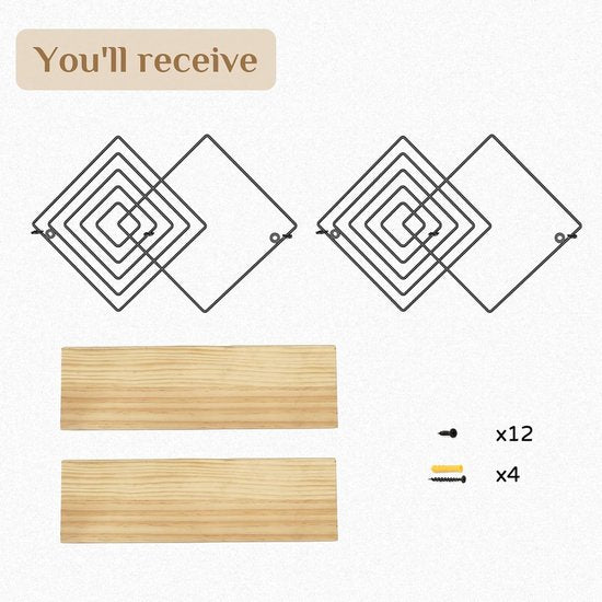 Wandplank Zwart metalen wandplank Set van 2 moderne wandplanken Wanddecoratie Slaapkamer Houten zwevende plank