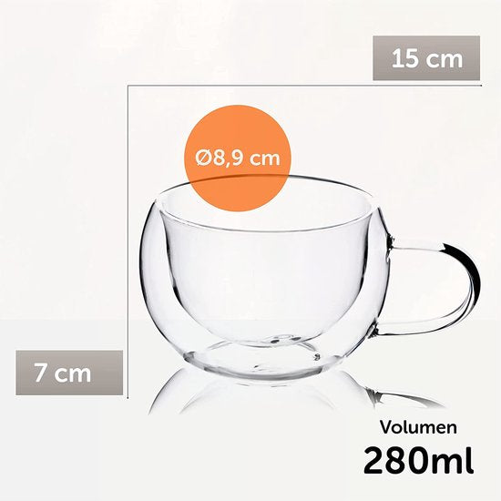 KADAX Dubbelwandige glazen kop, 280 ml, koffieglas, thermoglas voor thee, koffie, cappuccino, water, espresso, ijs, glas met handvat, koffiemok, theeglas met zweefeffect (4)