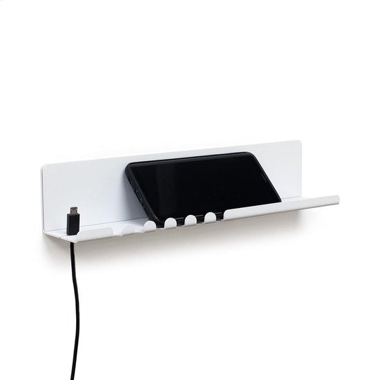 Wandplank 30 x 6 x 6 cm met 5 haken en kabelhouders, gemaakt van gepoedercoat plaatstaal. Inclusief sleutelrek-organizer en letters voor entree, keuken, kantoor. Kleur: wit.