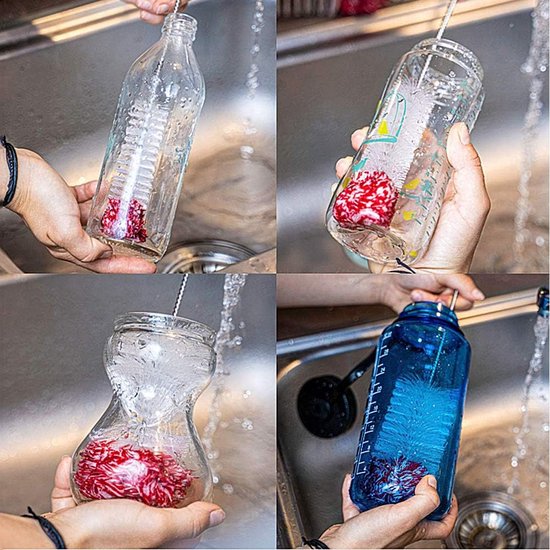 Set van 3 flessenborstels, lange reinigingsborstel, fles met katoenen kop, zonder resten achter te laten en krasvrij, flessenreiniger, borstel voor glazen flessen, babyflessen