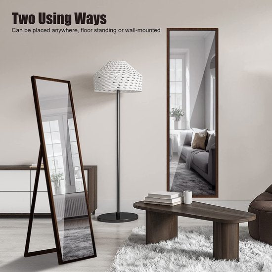Geheel lange spiegels, staande spiegels met bruine lijsten bovenop hangend in de muur, grote lichaamsspiegels, decoratieve spiegels voor slaapkamer, badkamer, woonkamer, 40 x 150 cm, haaks