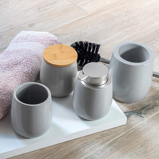 KADAX Cosmeticadoos, opbergdoos van keramiek, wattenpot met deksel van bamboe, wattenschijfhouder, voorraaddoos, wattenhouder, universele doos voor badkamer, wattenschijfjes, rond (grijs)