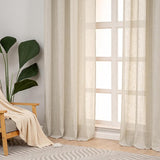 Korte moderne beige gordijnen met oogjes voor woonkamer en slaapkamer, semi-transparante gordijnen met linnenlook, 145 cm lang, moderne landelijke stijl, set van 2, 190 g/㎡