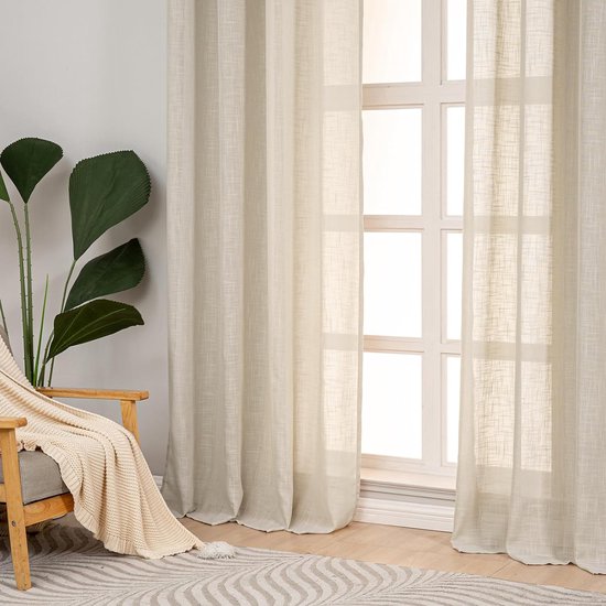 Korte moderne beige gordijnen met oogjes voor woonkamer en slaapkamer, semi-transparante gordijnen met linnenlook, 145 cm lang, moderne landelijke stijl, set van 2, 190 g/㎡