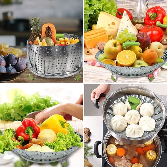 Stoomboot van roestvrij staal, verstelbaar stoominzetstuk met uitschuifbare handgreep voor groenten en fruit, opvouwbare mand, roestvrij, geschikt voor vaatwasser, babyvoeding (18-28 cm)