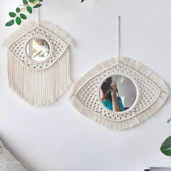 2 stuks muurhangende decoratieve spiegel met geweven franje macrame wanddecoratie, ivoorwitte boho wandspiegel