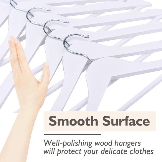 Kleerhangers van hout, 20 stuks, glad oppervlak, wit, 360 graden draaibaar en schoolterinkepingen, sterk en dun houten kleerhangers, geschikt voor volwassenen, 43,5 cm lang