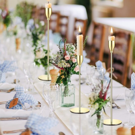 Set van 15 gouden kandelaars, kegelkaarsen, vintage kaarsenstandaard, voor kaarsen met een diameter van 3/4 inch, led-kaarsen, perfect voor woondecoratie, bruiloften, diners bij kaarslicht, jubilea