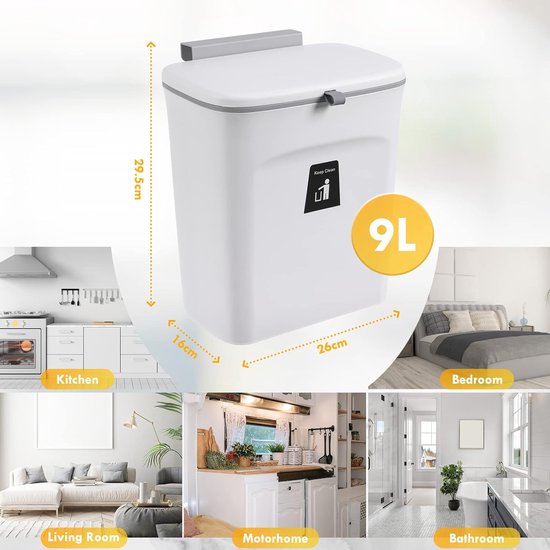 Vuilnisbak met deksel, 9 liter, keuken, kleine hangende afvalbak, wandmontage, plastic, compostemmer, geurdicht, afvalbak, deur om op te hangen, voor camper, keukenkast (wit)