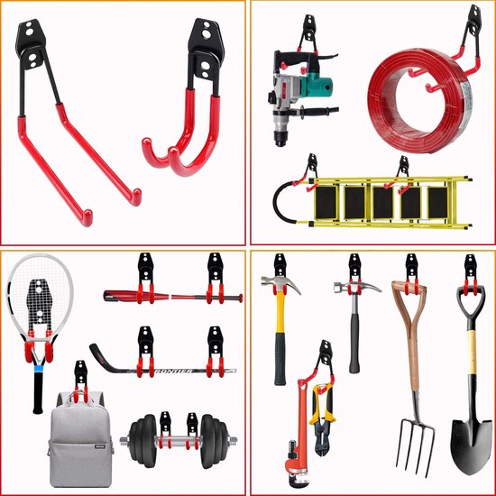 Wandhaken, garage, wandhaken, zware belasting, haken, 8 stuks, gereedschapshaken garage, opslag, dubbele haken voor het organiseren van elektrisch gereedschap, ladders, fietsen, skateboard, rood