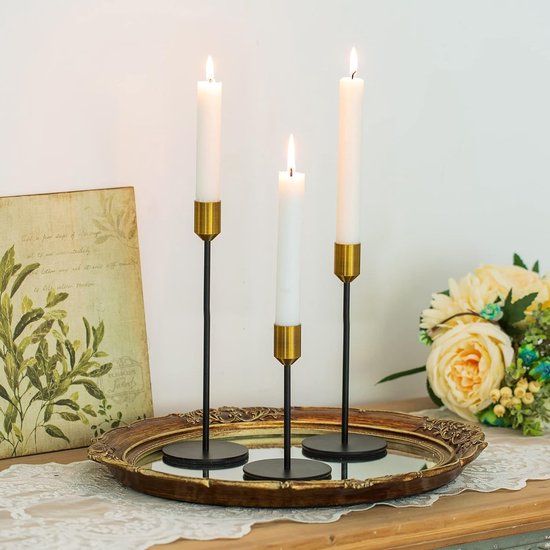 Kandelaar goud en zwart - set van 6 hoge kaarsenhouders in verschillende afmetingen voor staafkaarsen, metaal, vintage, modern, decoratie, tafeldecoratie voor Kerstmis