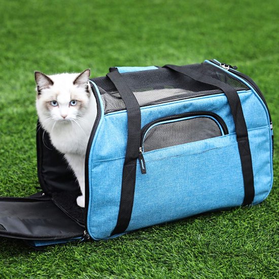 Transportbox voor honden en katten, opvouwbaar, waterdicht, met schouderriem, zacht gevoerd, voor reizen in het vliegtuig, auto of trein, voor huisdieren (blauw, L: 47 x 23 x 28 cm)