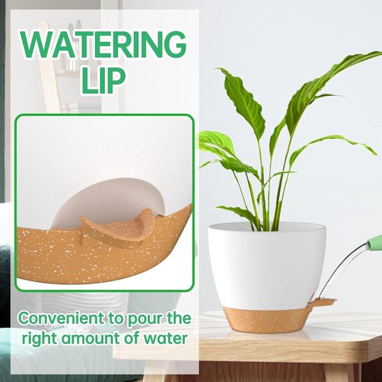 20 cm plantenpotten met irrigatielip, zelfbewaterende plantenpotten met afvoergaten en uitneembare onderzetter, kunststof plantenpotten voor binnen en buiten, wit, set van 2