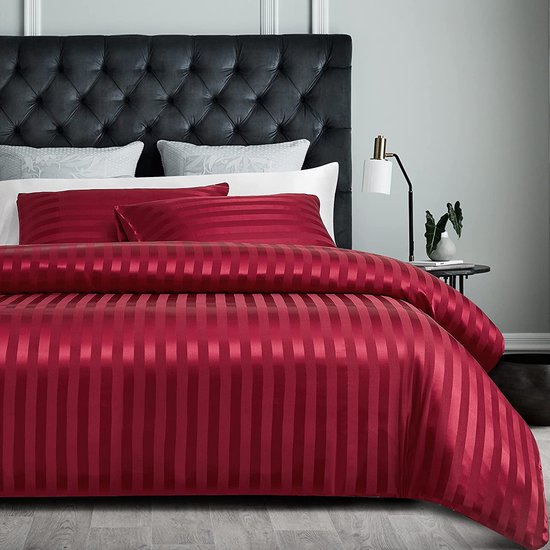 Satijn beddengoed 200 x 220 cm rood zijdeglans gestreept beddengoed set 3-delig hoogwaardig luxe dekbedovertrek met verborgen ritssluiting en 2 kussenslopen 80 x 80 cm, wijnrood