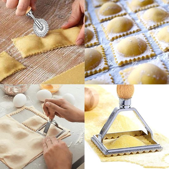 6-delige Ravioli Dumpling Maker Shaper Cutter Set RVS Ravioli Wiel Ravioli Snijder Ronde Dumpling Shaper Dumpling Machine met houten handvat voor het maken van Dumpling Ravioli